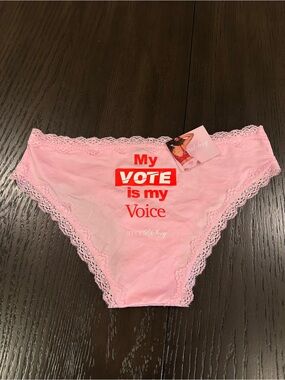 smart & sexy Pink Lace-Trim Briefs with Red Vote Graphic